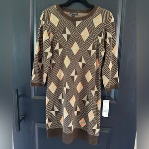 NWT Notations brown and tan knitted sweater dress mod retro look Size Small